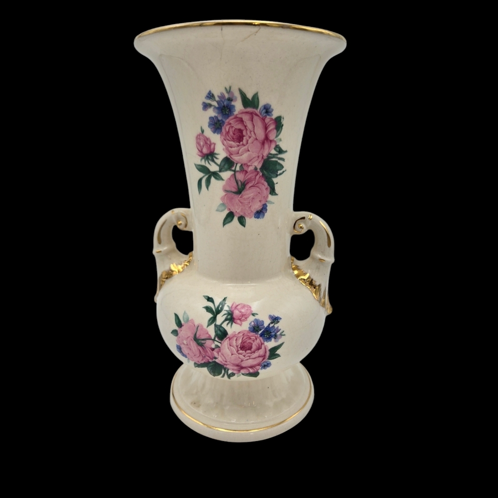 MCM Vintage Spaulding China Vase Roses Forget-me-Nots Gold Trim